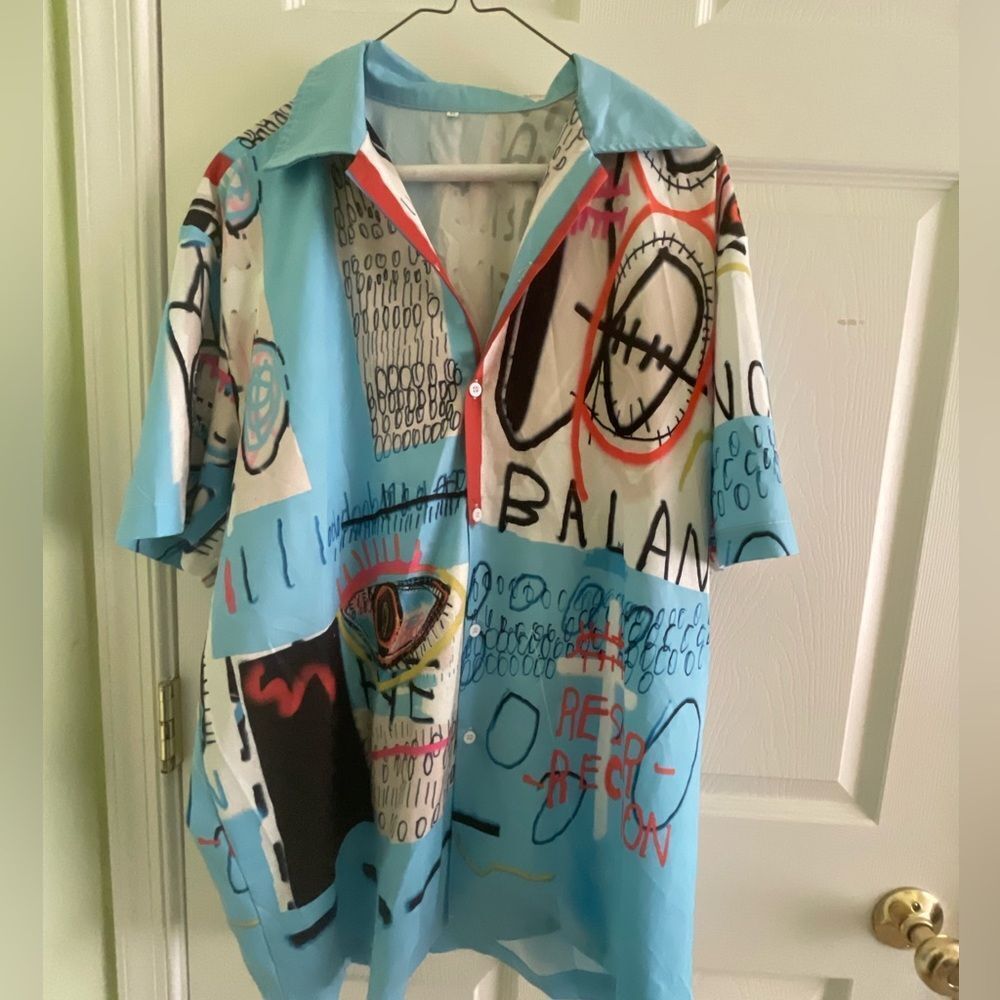 Pop Art Dress Shirt Short sleeve - Blue Black Button Down Casual Dress Shirt XL